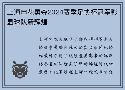 上海申花勇夺2024赛季足协杯冠军彰显球队新辉煌 上海申花勇夺2024赛季足协杯冠军彰显球队新辉煌